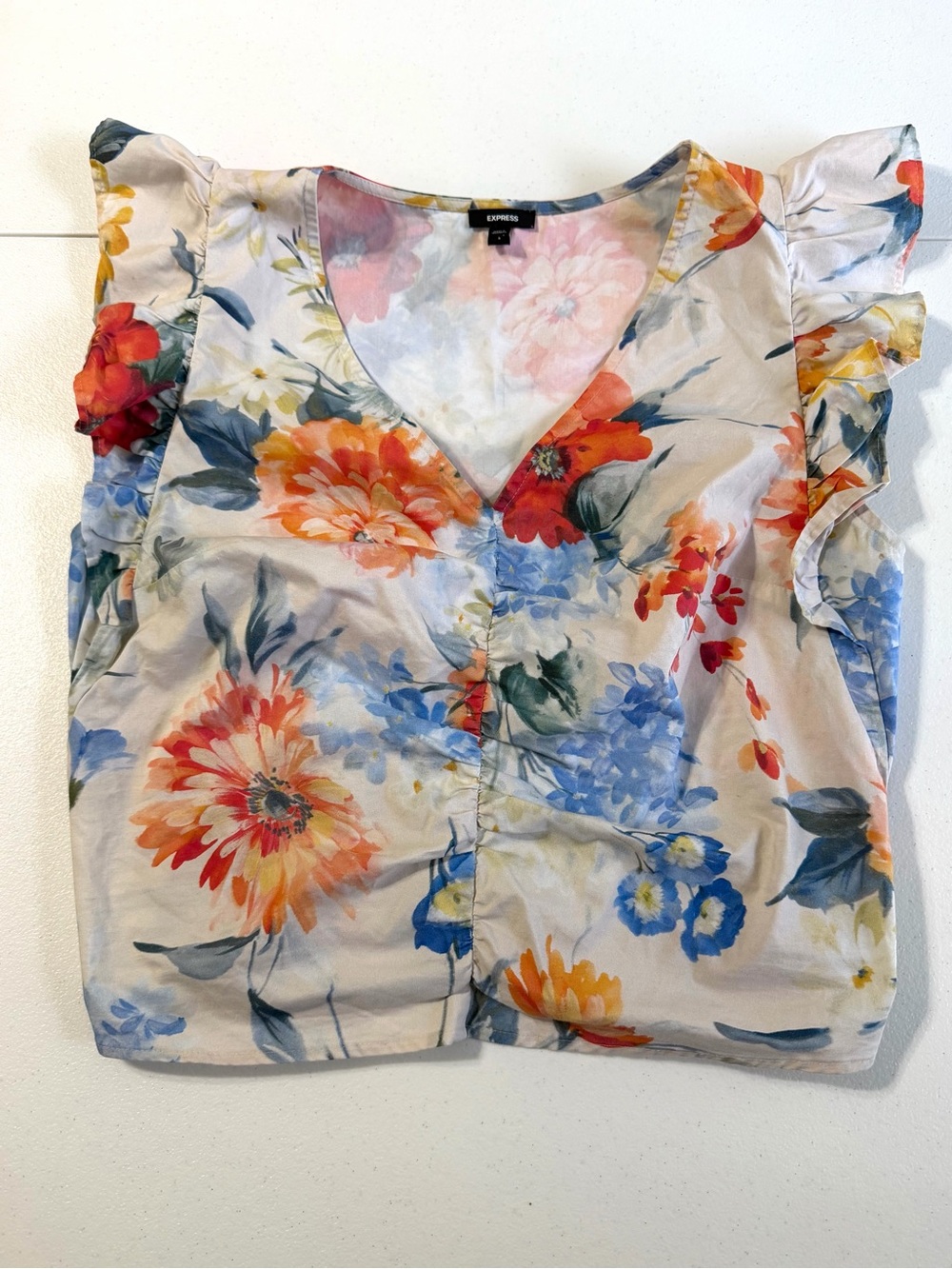 Express Floral V-Neck Ruffle Sleeve Blouse - Cream Multi